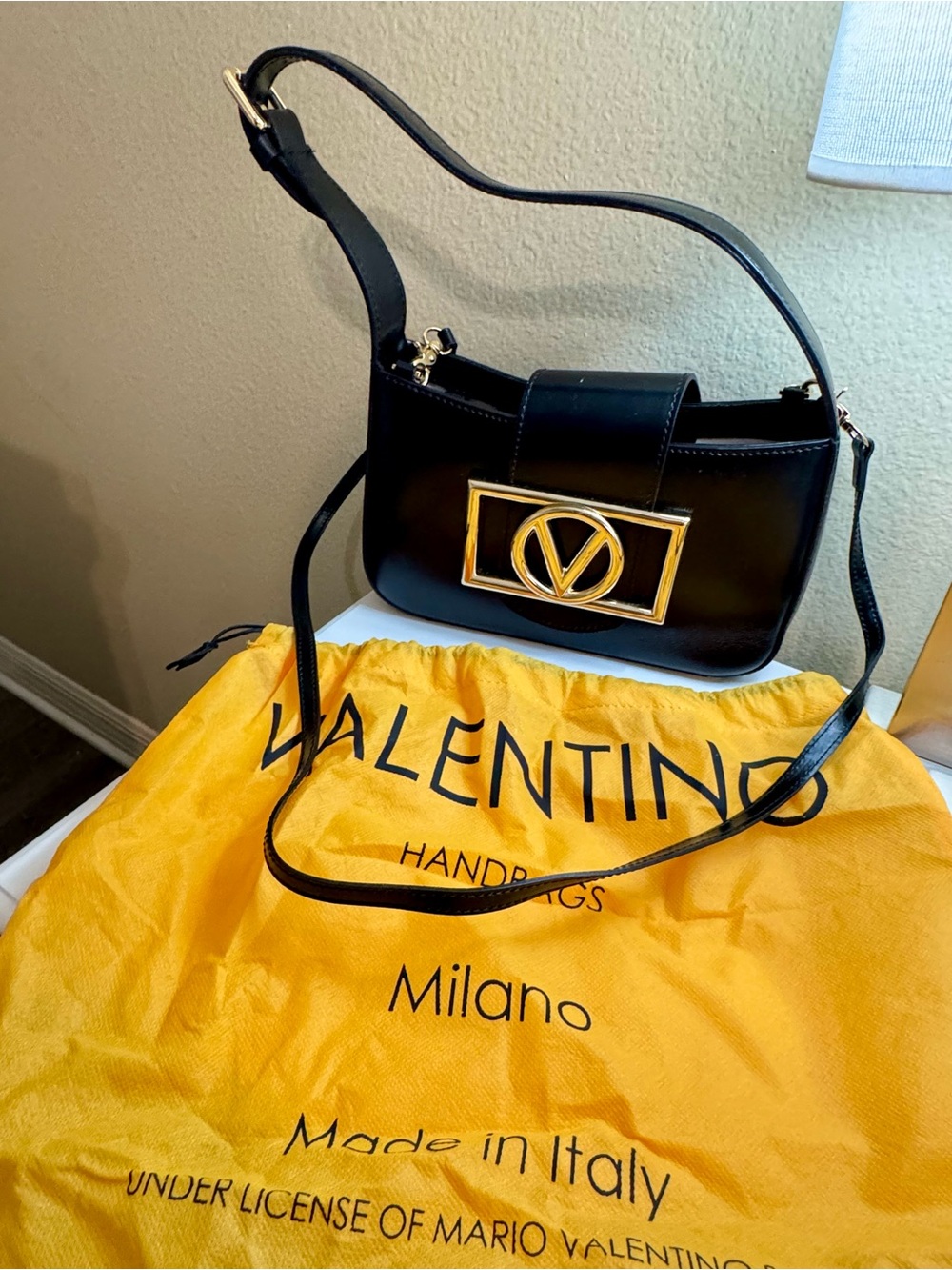 Valentino Black Leather Shoulder Bag with Gold V-Logo Plaque